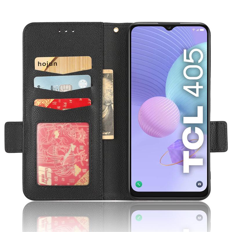TCL 408 Leather Case, Flip Card Holder with Lanyard and Lychee Pattern