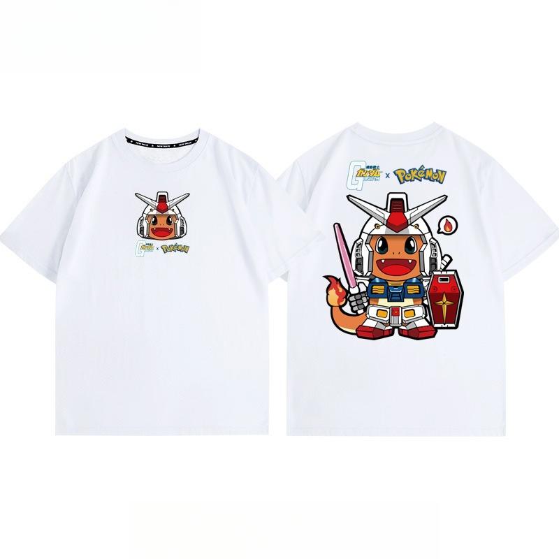 Pokémon Joint Mobile Suit Gundam Cartoon Short Sleeve Top Anime Peripheral Mens and Womens Summer TShirt Top Clothing