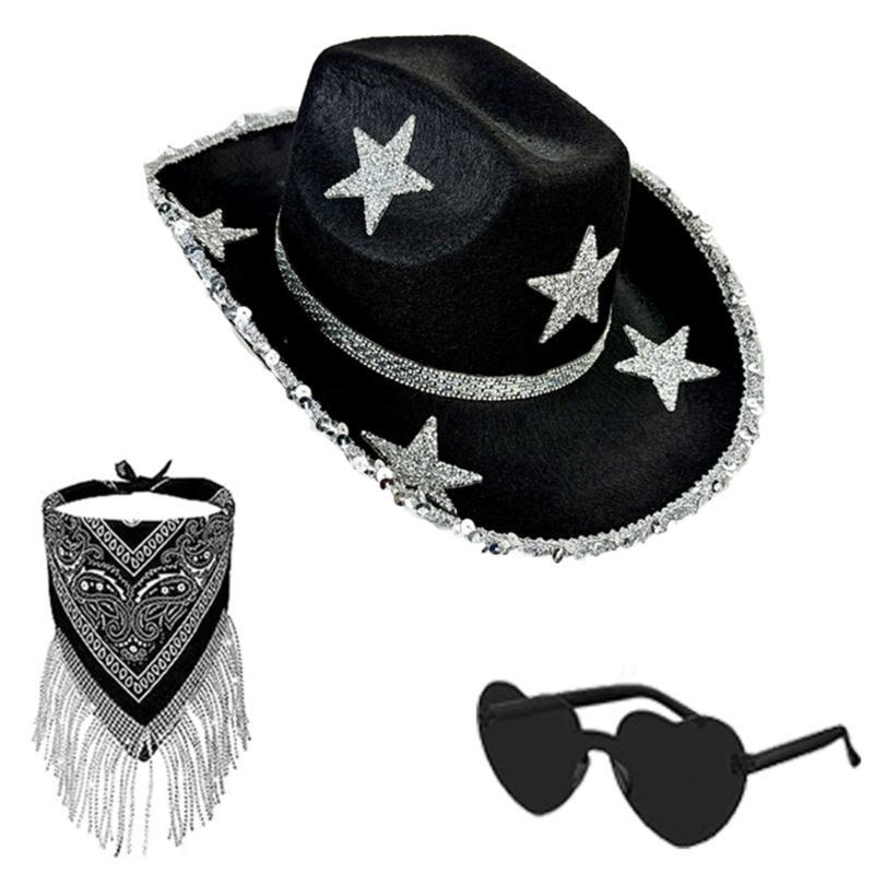 

Sparkling Star Cowboy Hats Scarf Sunglasses Set Rhinestones Tasseled for Bachelorette Party Bride Hat for Actor Actress