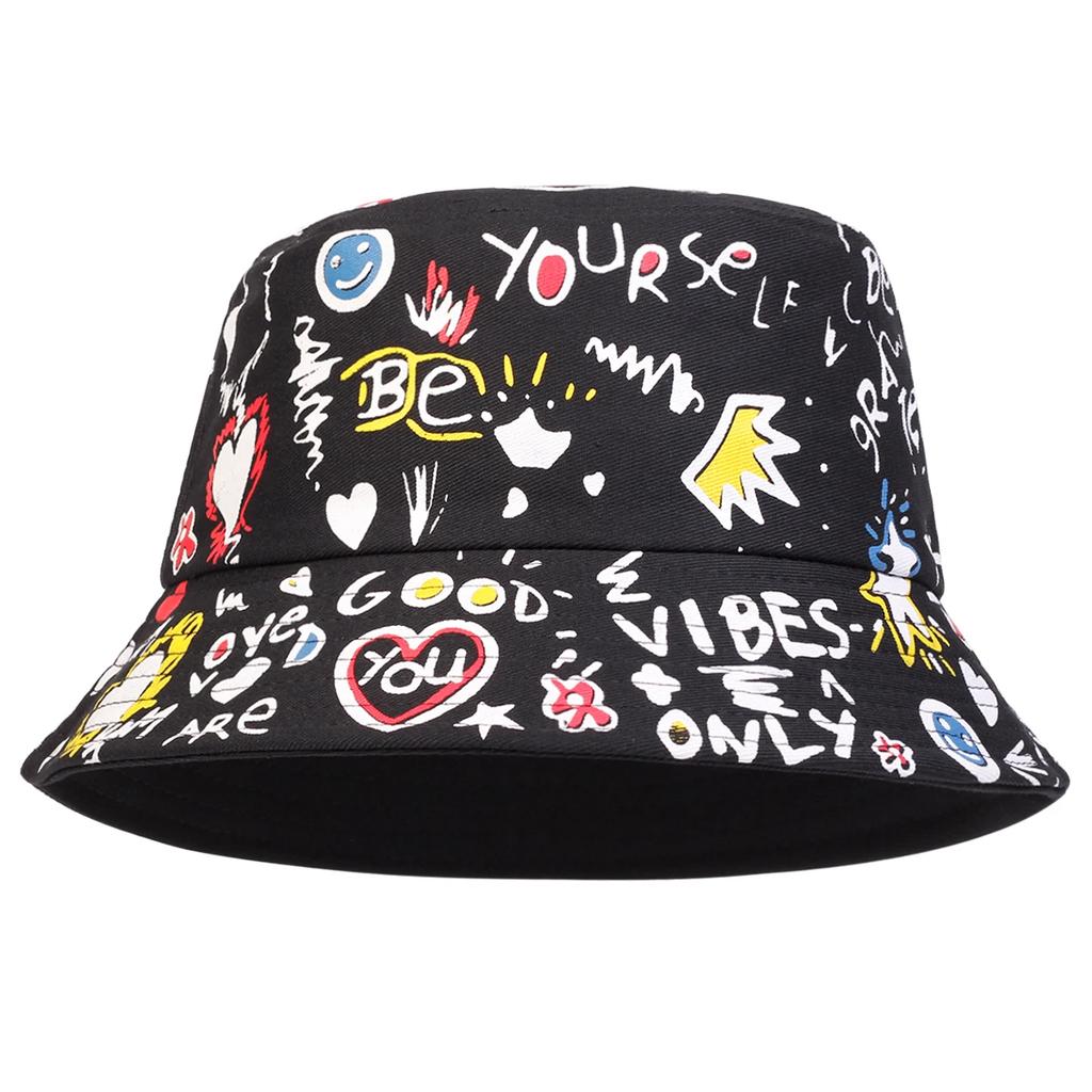 Unisex Lächelnde Krone Graffiti Print Persönlichkeit Eimerhüte Fischerkappen Outdoor Freizeitkappe Sonnenschutzhut