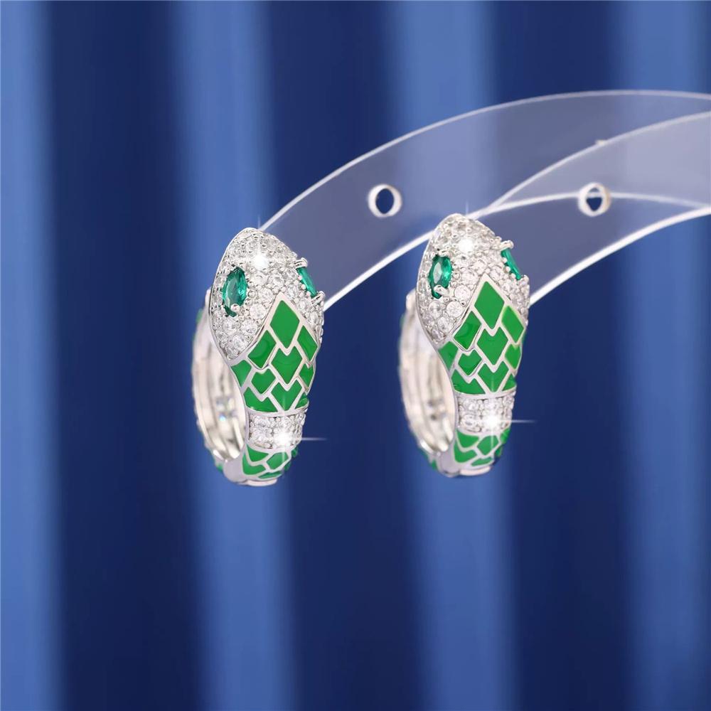 Female White Green Zircon Stone Snake Animal Hoop Earrings Vintage Fashion Silver Color Wedding For Women