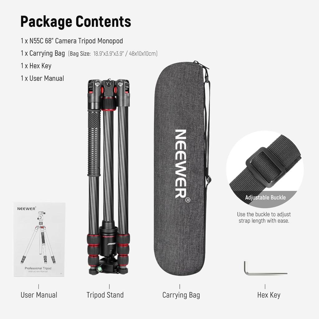 NEEWER 168cm Carbon Fiber Camera Compact and with Ball Quick Shoe and Carrying Ideal for Photography and DSLR Sports and Maximum Load 12kg Tripod,