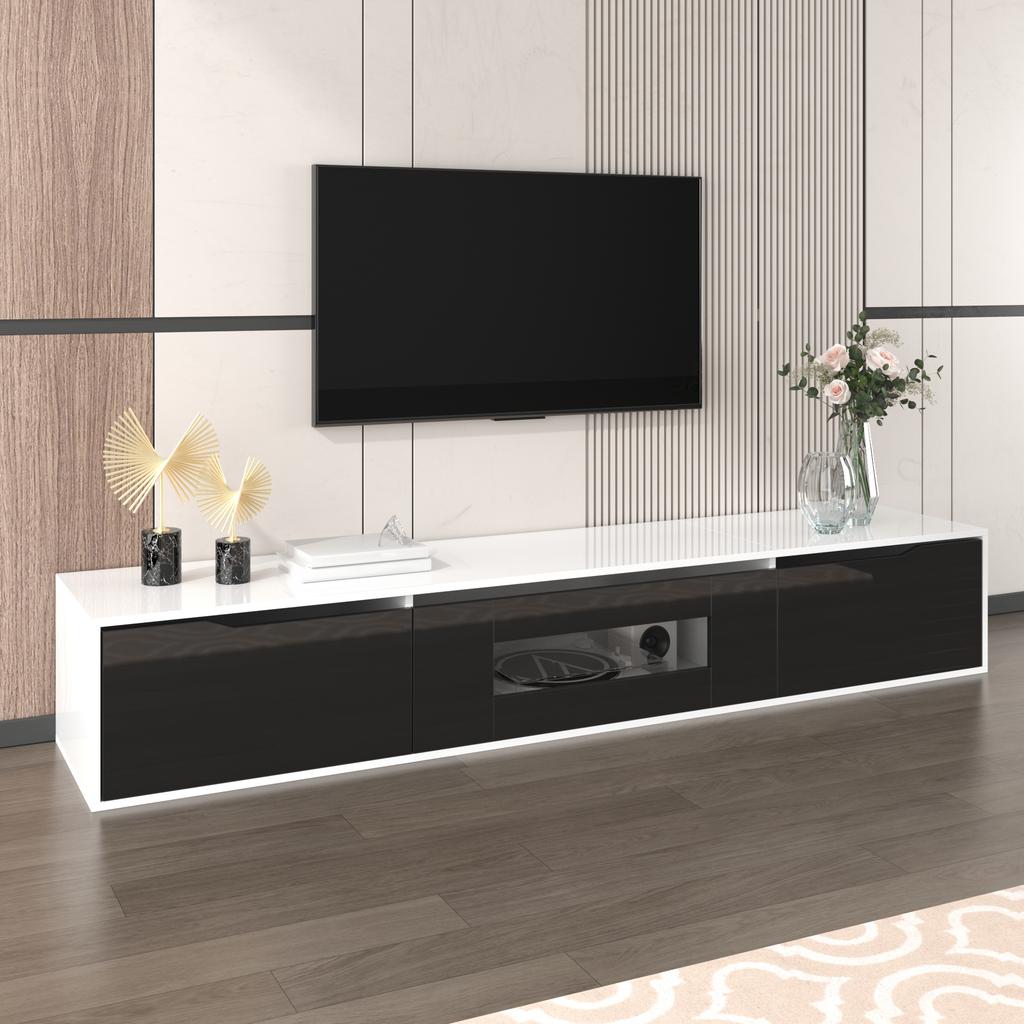 Moderní prosklená skříňka a TV skříňka, vysoký lesk v černo-bílé barvě, s barevně měnitelným LED osvětlením (Přední strana v černé barvě s vysokým leskem)