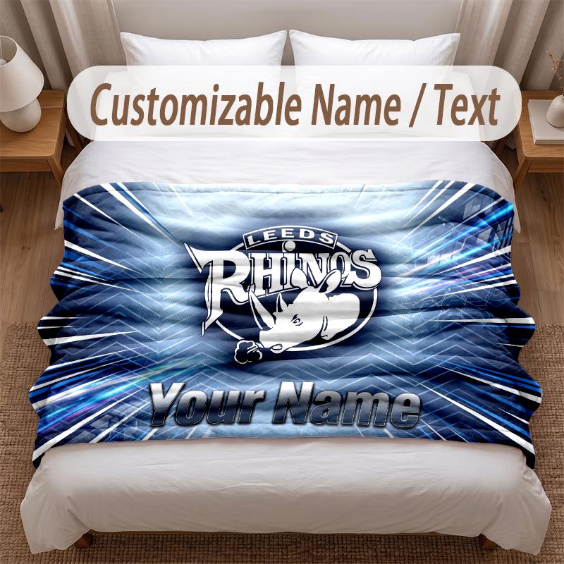 Leeds Rhinos Printed Flannel Blanket Custom Name Text Soft Warm Throw For Bedroom Holiday Gift
