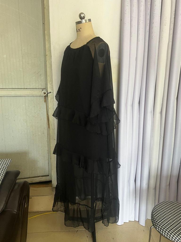 Elegant French-Style Ruffled A-Line Dress with Lantern Sleeves & Beaded Accents