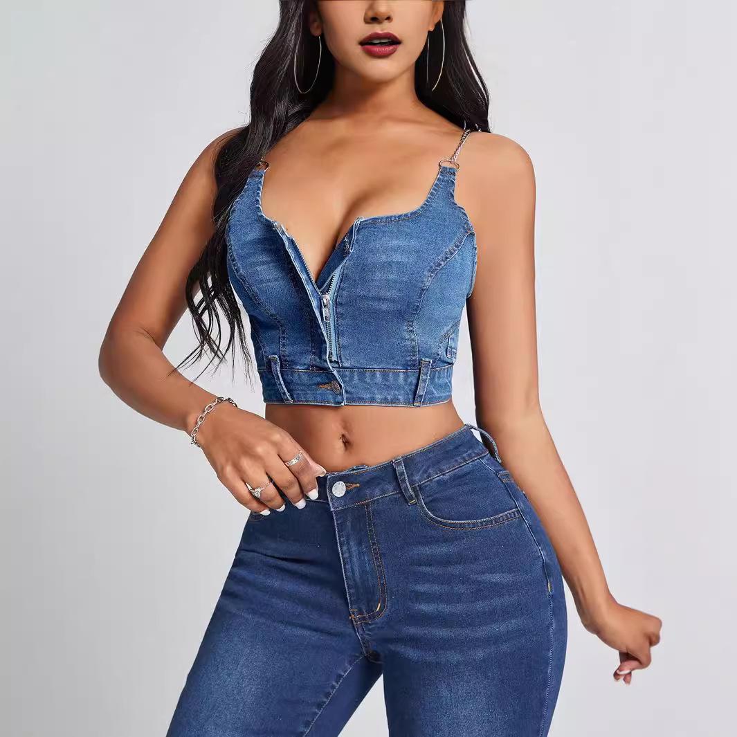 

Women s Deep V Backless Denim Suspender Tank Top Extra Extra Large