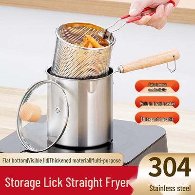 304 Stainless Steel Deep Fryer with Wooden Handle & Oil Filter - Mini, Splash-Proof, Universal for Various Stoves