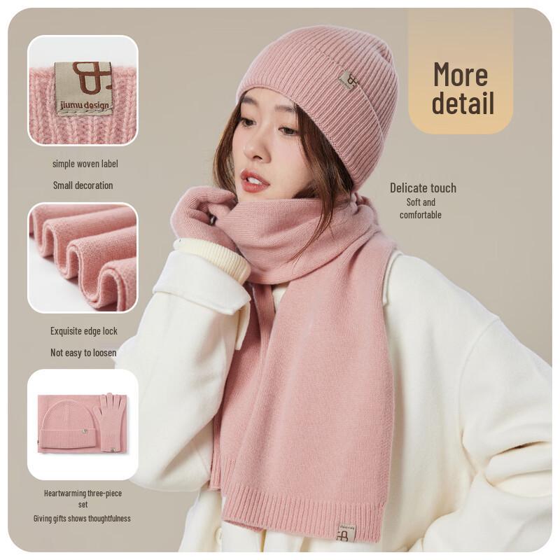 JIUMU Women's Pure Wool Scarf, Hat & Gloves 3-Piece Set