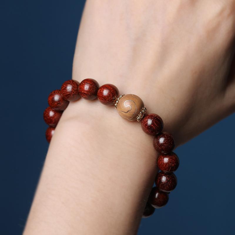 Small-leaf red sandalwood inlaid with silver zodiac three-in-silver six-character proverbs bracelet beaded Taoist bracelet New Chinese ancient style