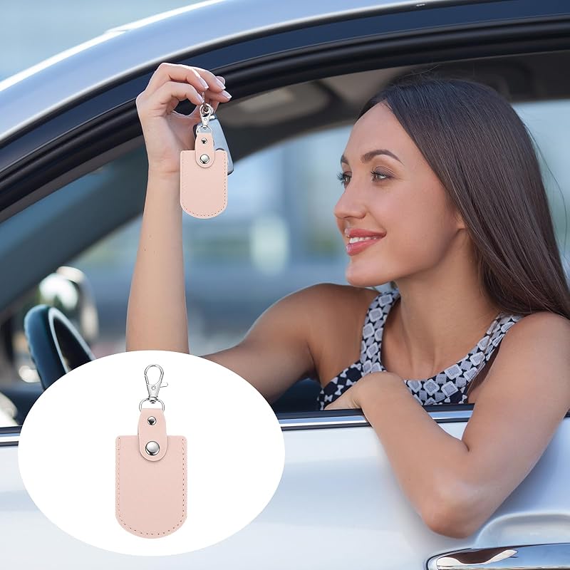 [PATIKIL] leather key fob leather keychain 2pcs keyrings DIY key chain holder home off for car key ID key card air tag pink