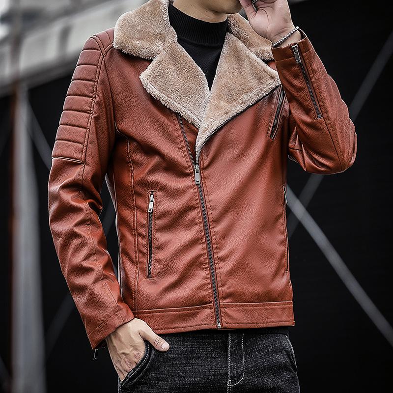 Winter Velvet Leather Jacket Korean Style Motorcycle Green Handsome Lapel Jacket Fit Slim Men's Pu Jacket Trendy
