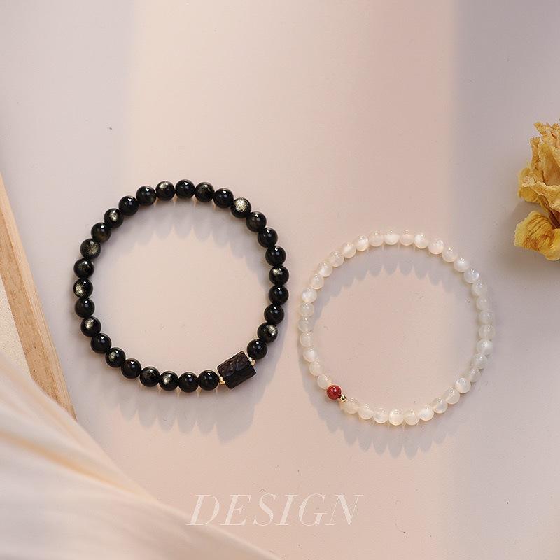 

Natural Moonstone and Gold Obsidian Couple s Bracelets, a pair of men s style, Valentine s Day gift for girlfriend, crystal bracelet White Moonlight4mm