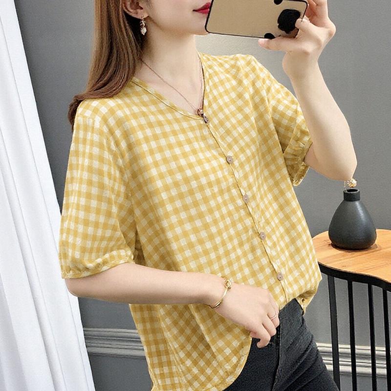 

ZANZEA Women Casual V-Neck Loose Half Sleeve Plaid Print Blouse 5XL