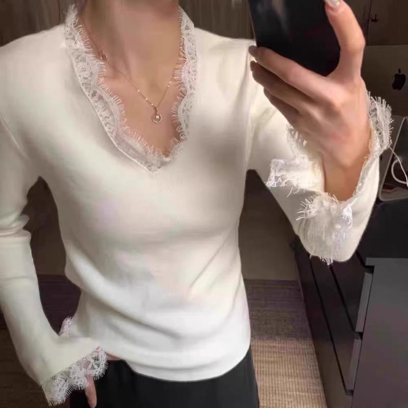 Matakawa Lace Ruffles Woman Sweaters V Neck Autumn Winter Flare Sleeve Solid Pullovers Korean Fashion Elegant Pull Femme
