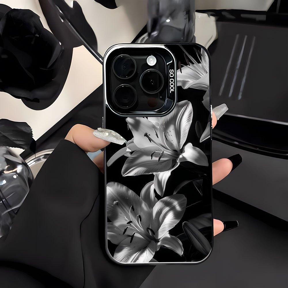 Black and White Lily Flower Pattern Phone Case Suitable for iPhone 17 16 15 14 13 12 11 Pro/Max/Plus Anti Drop and Shockproof