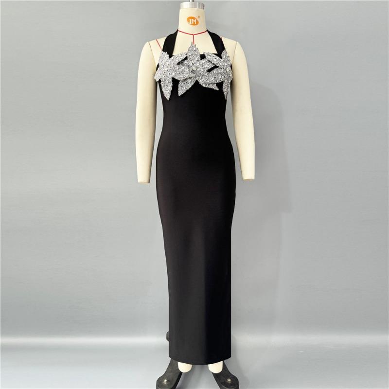 Rochie nouă cu fustă bandaj, guler la baza gâtului, modă cu flori și diamante, slim, de banchet, sexy, de seară