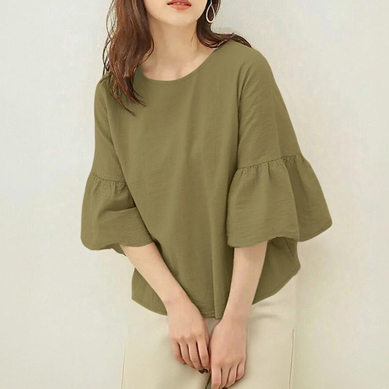 

Жіноча повсякденна однотонна вільна блузка з круглим вирізом ZANZEA з рукавом 3/4 3XL зелений