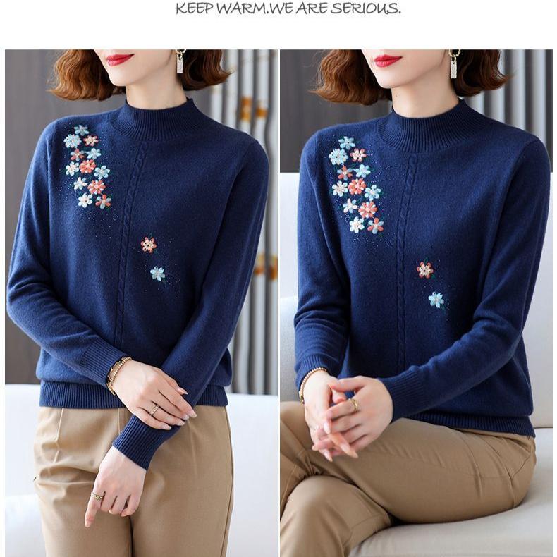 Women's Wool Sweater Round Neck Embroidery Knit Sweater Loose Plus Size Sweater Short Pullover Knitwear Spring Fall Winter