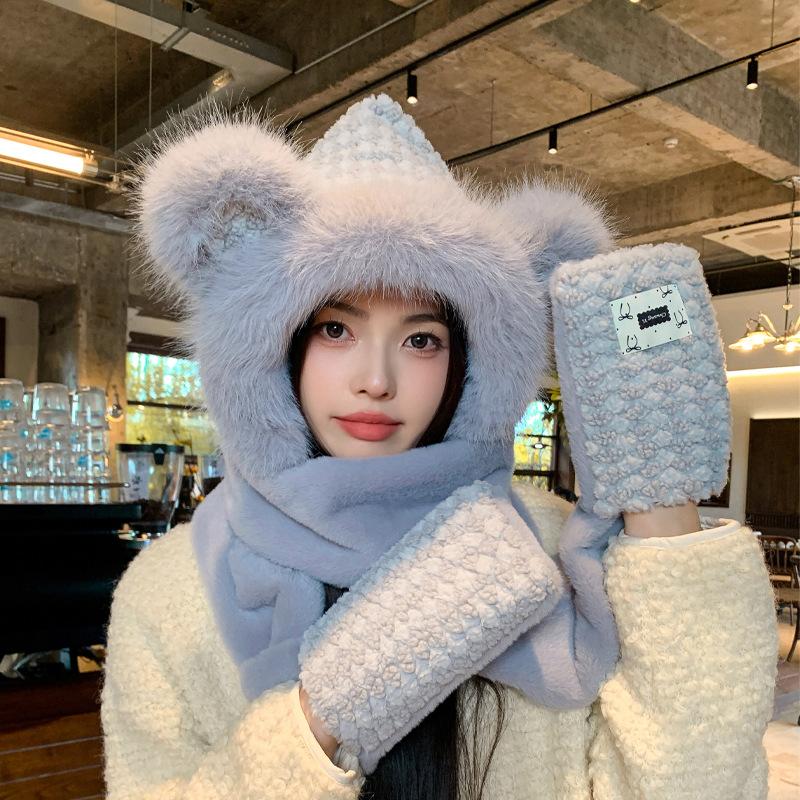 Cute hat winter plush integrated hat thickened warm ear protection versatile neck protection pullover hat women's fashion