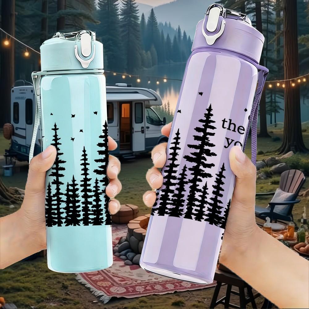 1PC Pine Forest Text Graphic 750ml Color Plastic Sports Water Bottle Leakproof Flip Straw Lid Suitable for Sports Office Home Use