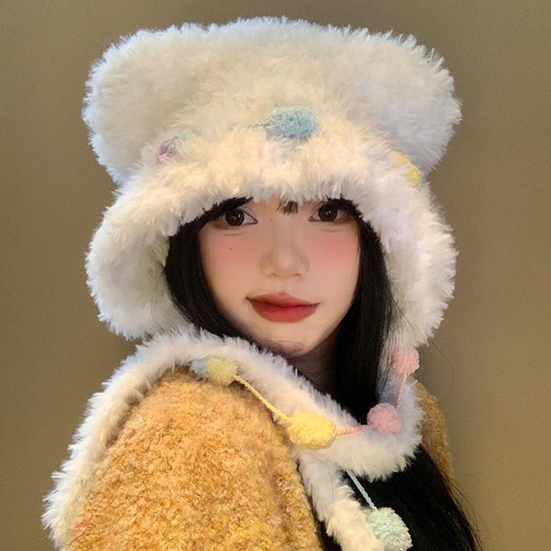 Căciulă caldă de pluș cu urechi de ursuleț și pisică, cu fundă, pentru femei – Protecție pentru urechi de toamnă/iarnă cu design cu față deschisă