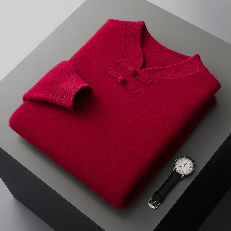 

Men s 100% Wool Stand Collar Sweater with Frog Buttons - 2025 Autumn/Winter Retro Style. L