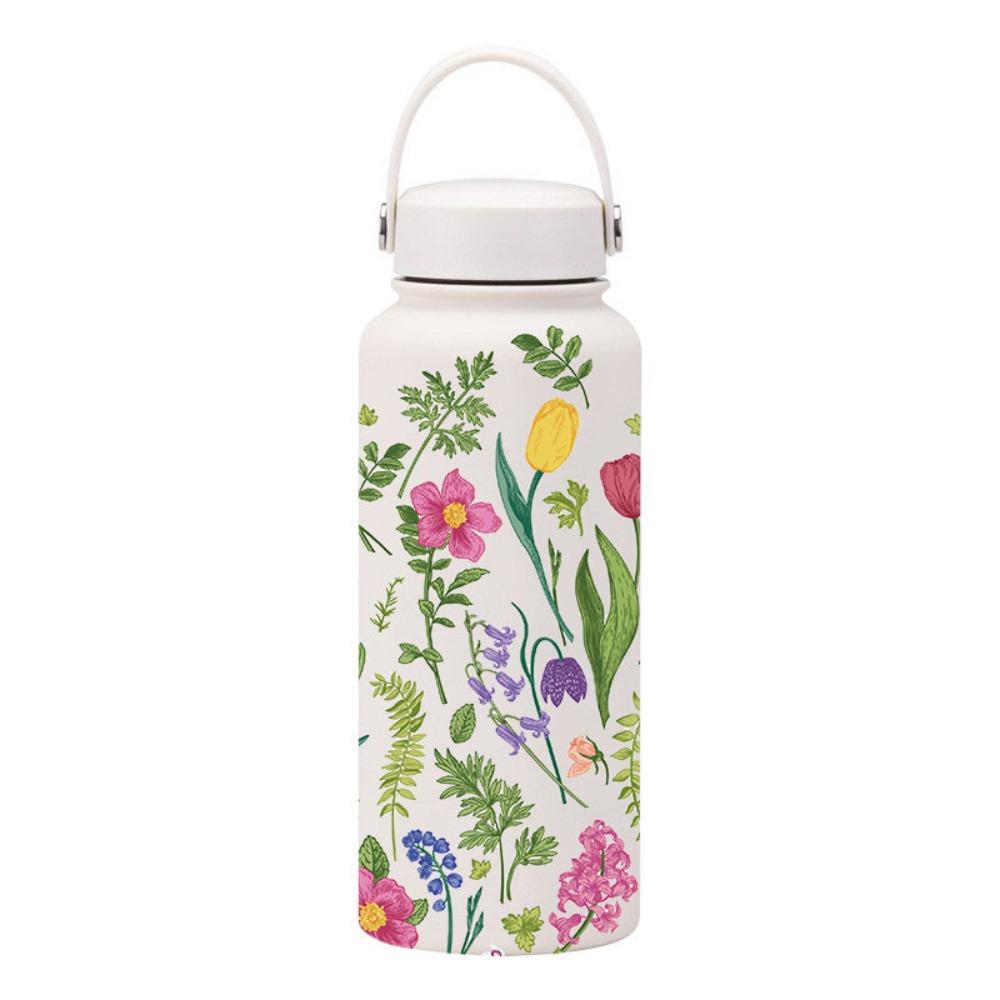 1000ml Stainless Steel Insulated Bottle Thickened Large Capacity Sports Water Bottle Wide Mouth with Handle Printed Cup