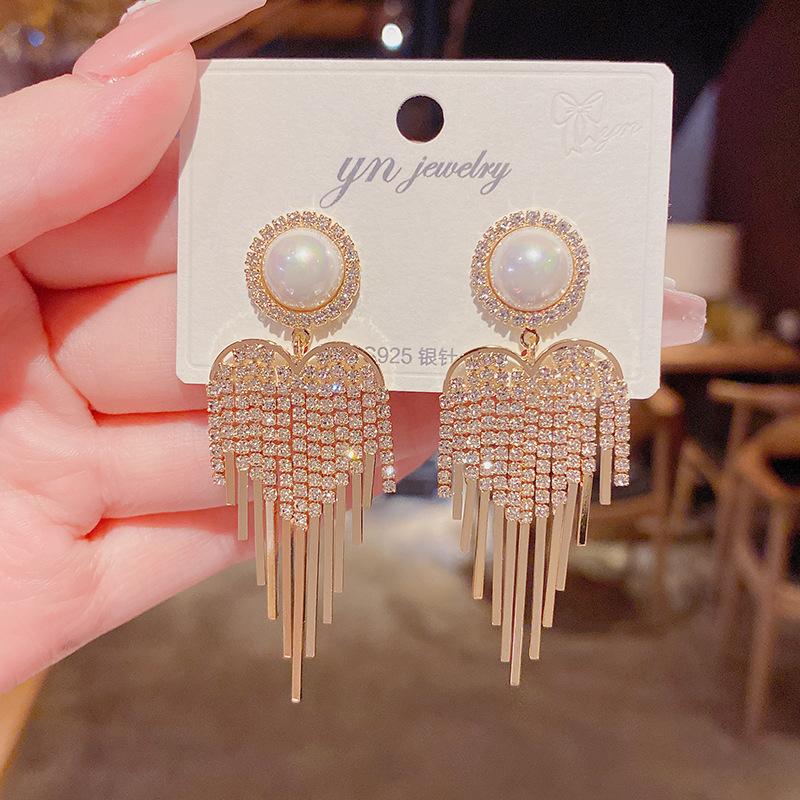 Personalized, Fashionable, Light Luxury Pearl, Exquisite Full Diamond Tassel Earrings  High-End And Atmospheric Earrings