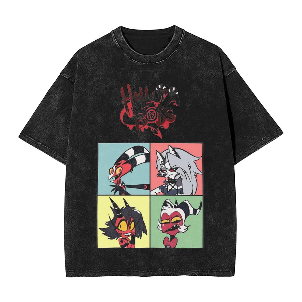 T-shirt con Stampa Cartone Animato Helluva Loona Hip Hop Poliestere Lavato Oversize Comportamento Malizioso Abbigliamento Uomo Donna Magliette a Maniche Corte