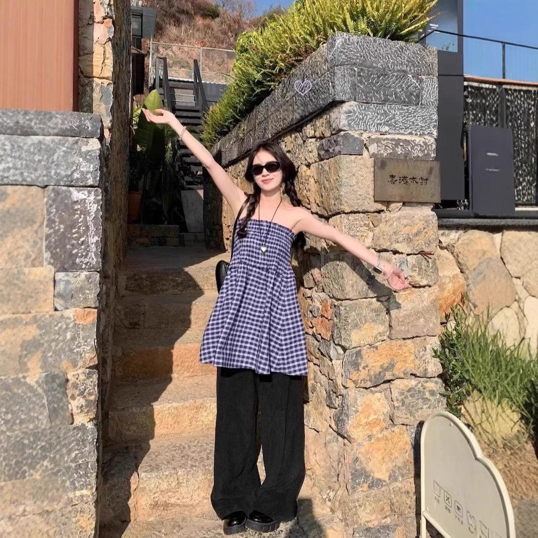 

Niche Two-Way Blue Plaid Midi Skirt & Strapless A-Line Dress Medium синий