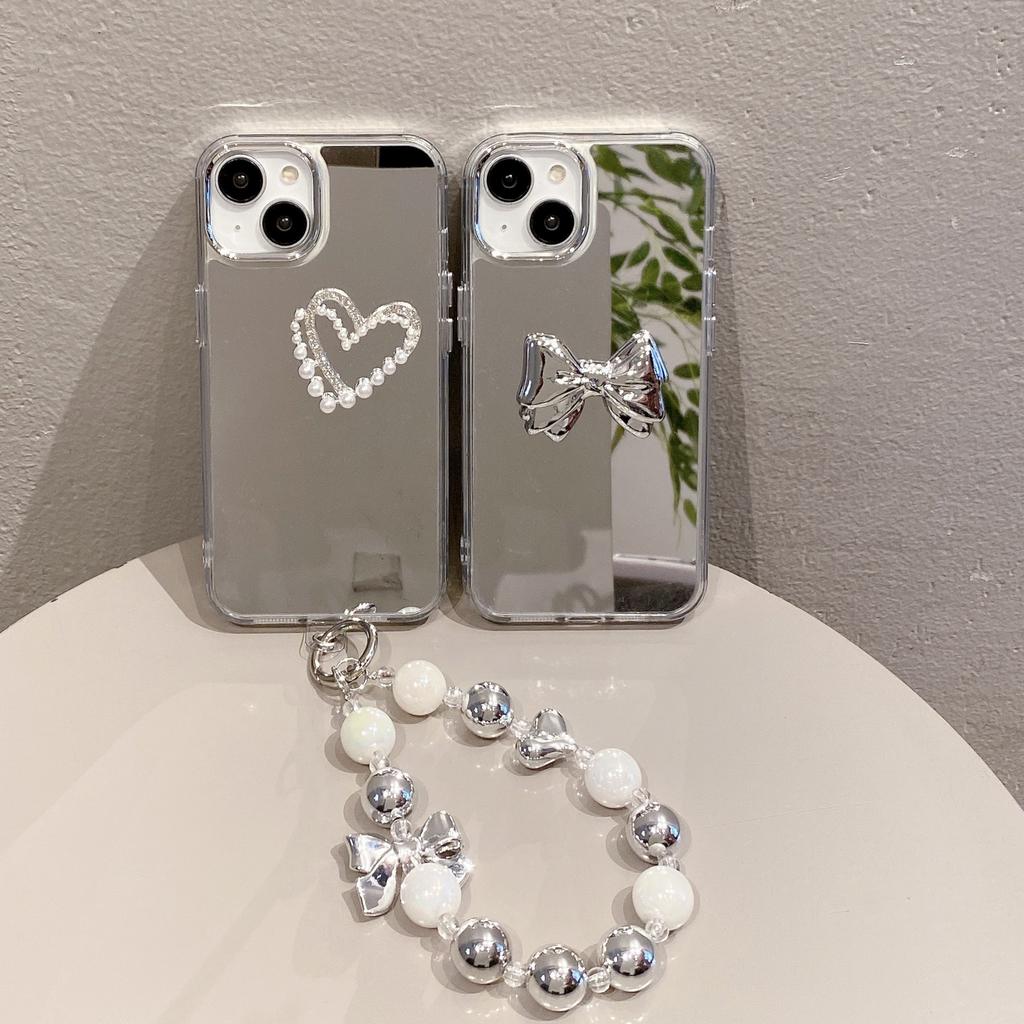 Mirror-applicable Apple 16PRO Silver Bow Mobile Phone Case IPhone 15/12 Bracelet Anti-fall Hard Protection Case