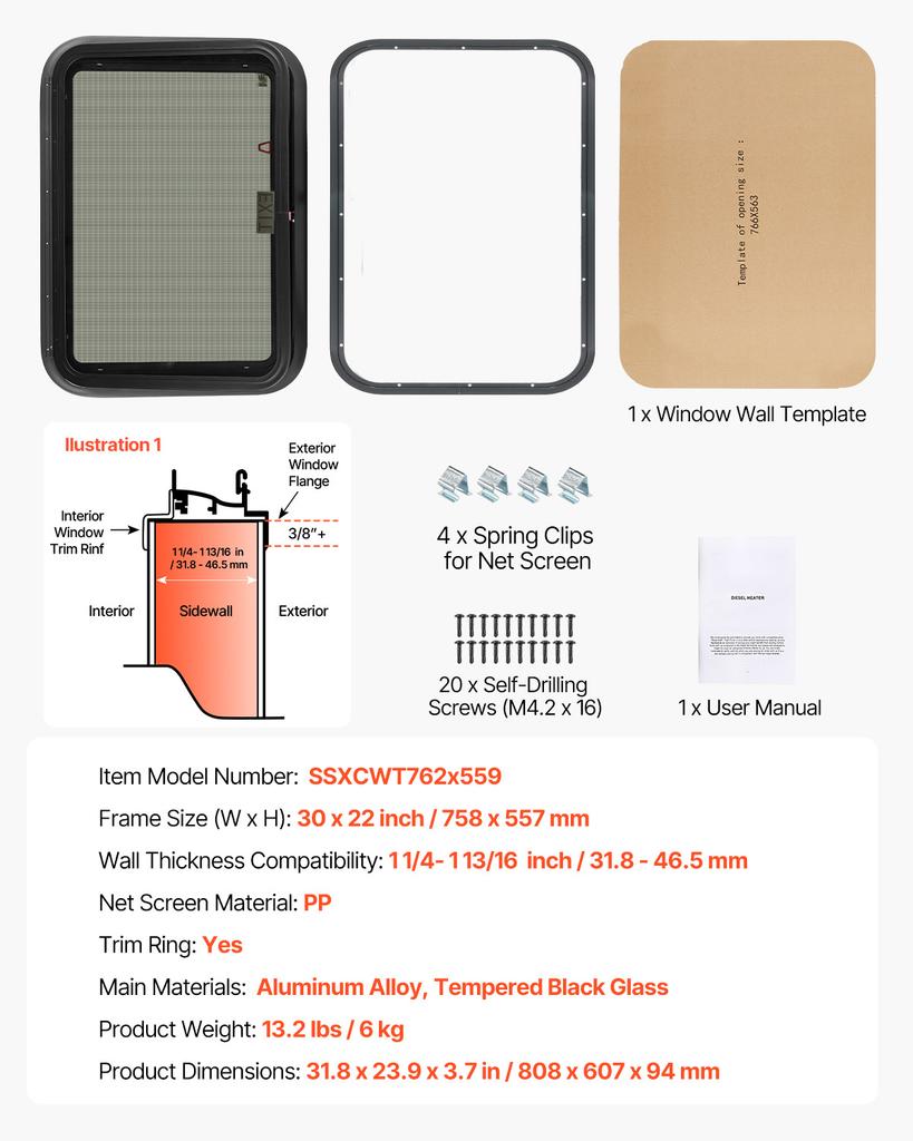 SucceBuy Vertical/Exit/Horizontal RV Window Tinted RV Window with Net Screen&Trim Ring RV Window Replacement for Trailer Camper