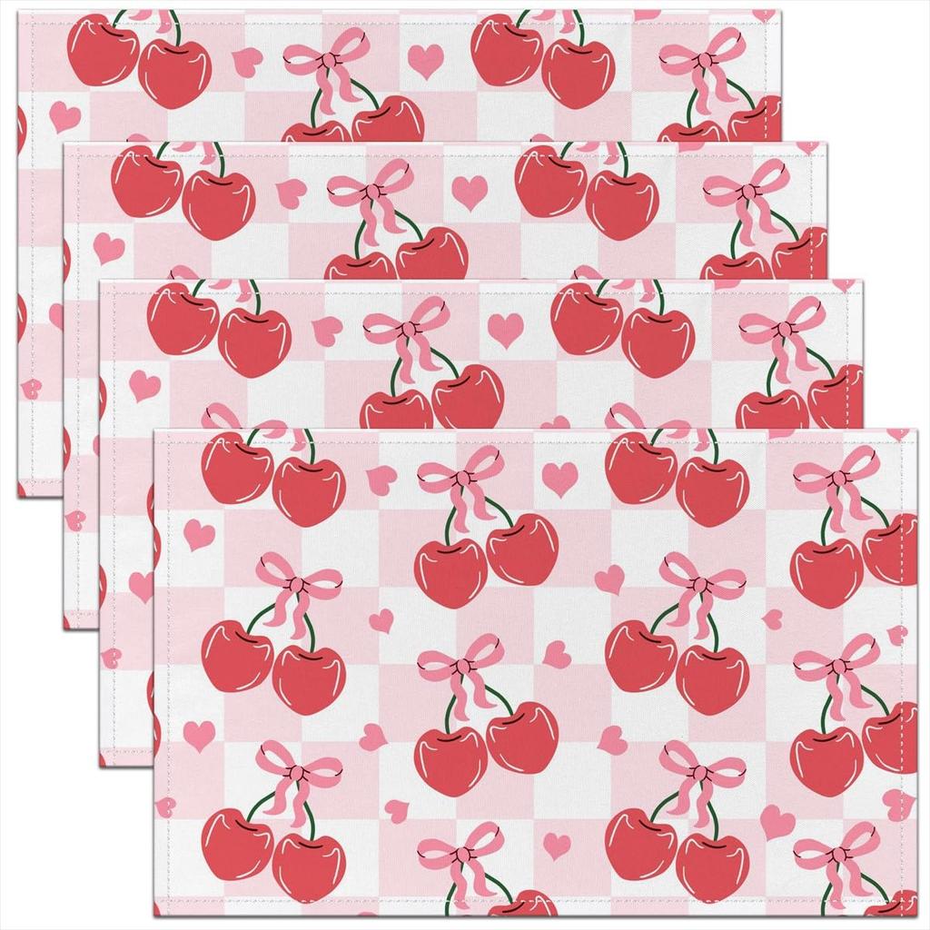 Girls Red Cherry Placemats Set of 4,Cute Bowknot Fruit Cherry Table Place Mats,Kids Girls,Princess Dreamy Placemat