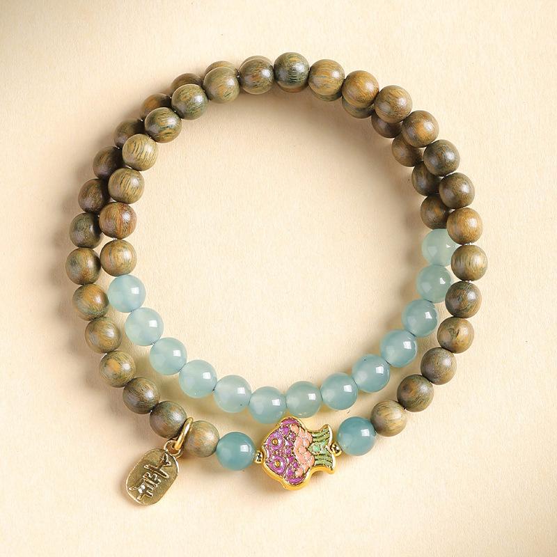 New Chinese-style green sandalwood double-loop bracelet for women, featuring hydrating and fortune-bringing quartz stones, a light luxury cultural 【Drinking under the moo