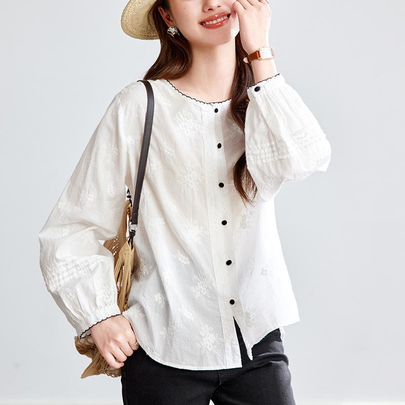 Pure Cotton Embroidered Shirt for Women Long Sleeves Summer New Thin Top Temperament Lady Round Neck Shirt
