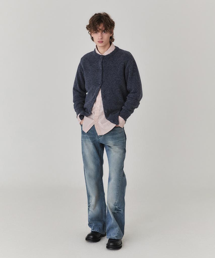 Kineto Brushed Wool Round Neck Cardigan_Ash Blue