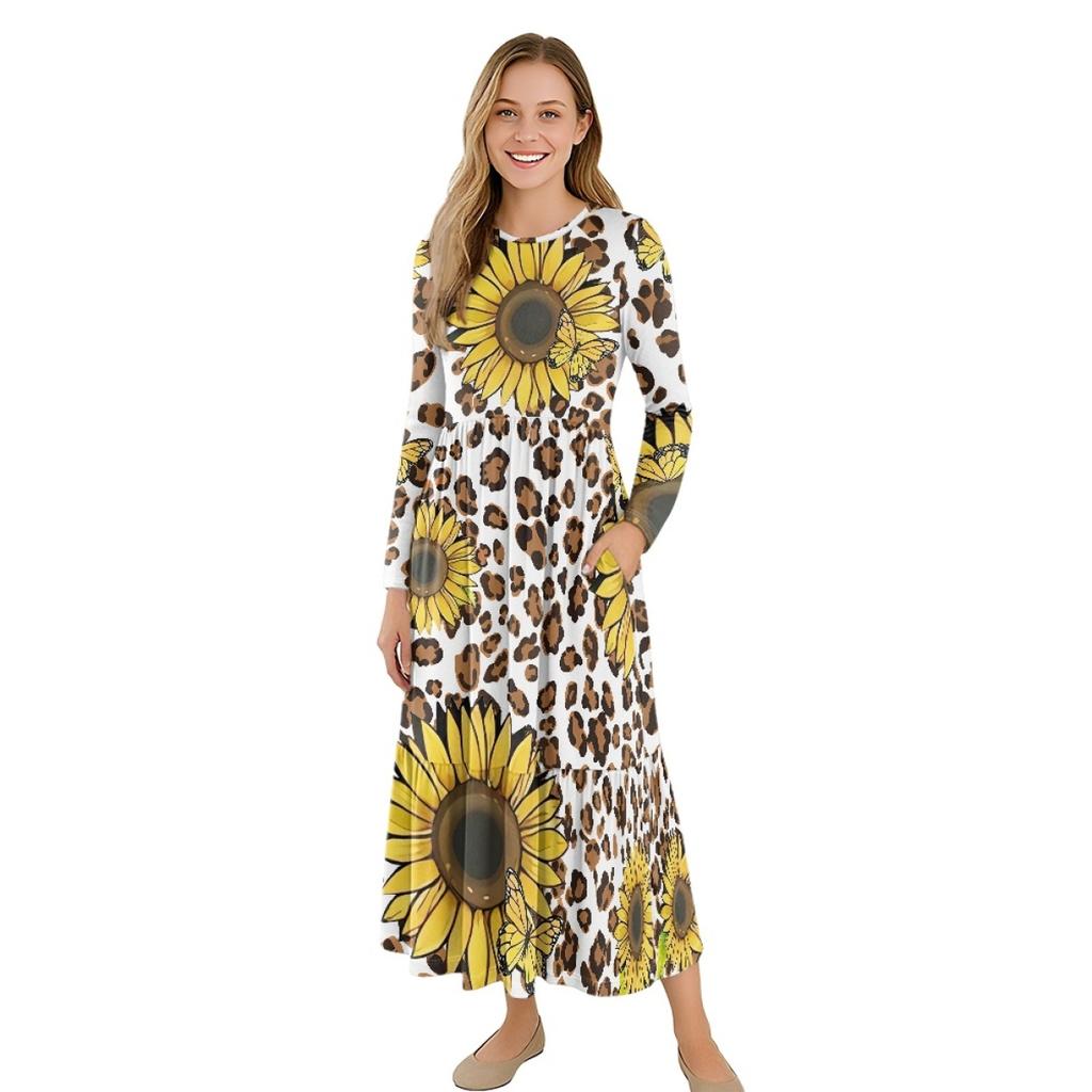 Long Sleeve Casual Daily Dress Ladies Patchwork Hem Midi Dress