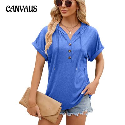 Sommer Damen T-Shirt Einfarbig Kapuzenknopf Lose Kurzarm T-Shirt Top