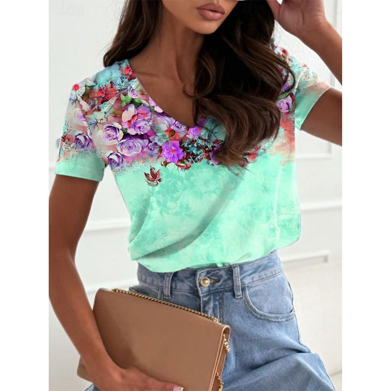 Women's T-Shirt 3D Gradient Flowers Floral Print Fashion Short Sleeved V-Neck Regular Tops Summer Women's T-Shirt Tops Clothing