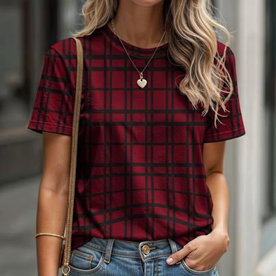 Striped Casual Sports Women's T-shirt Summer Round Neck Short Sleeved Element Pattern Loose Grid Shirt