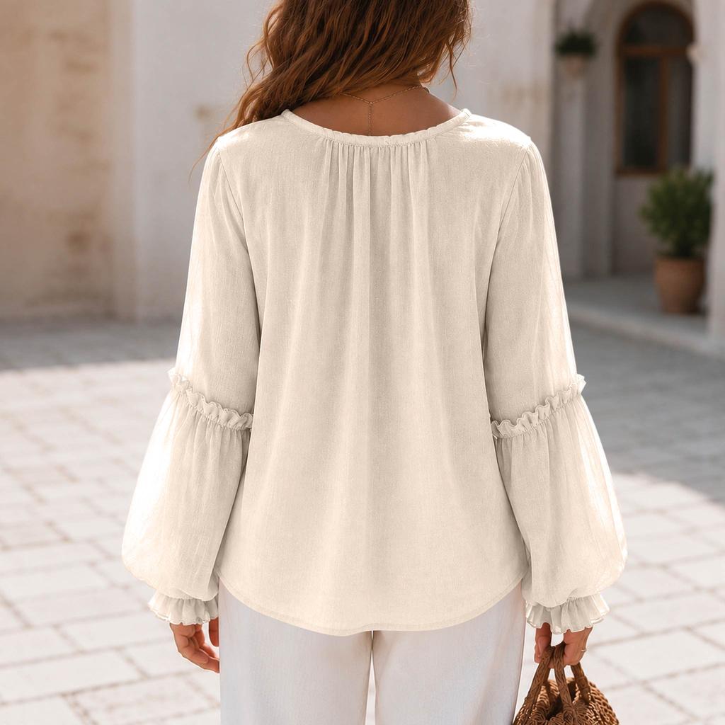 Women's Retro V-Neck Ruffle Blouse with Sleeves, Loose Fit Flattering Shirt