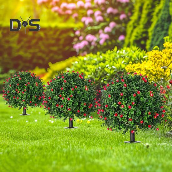 Artificial Camellia Topiary Ball Simulated Topiary Trees with Red Flowers UV Resistant Faux Greenery Shrubs with Ground Spike for Garden Porch Patio