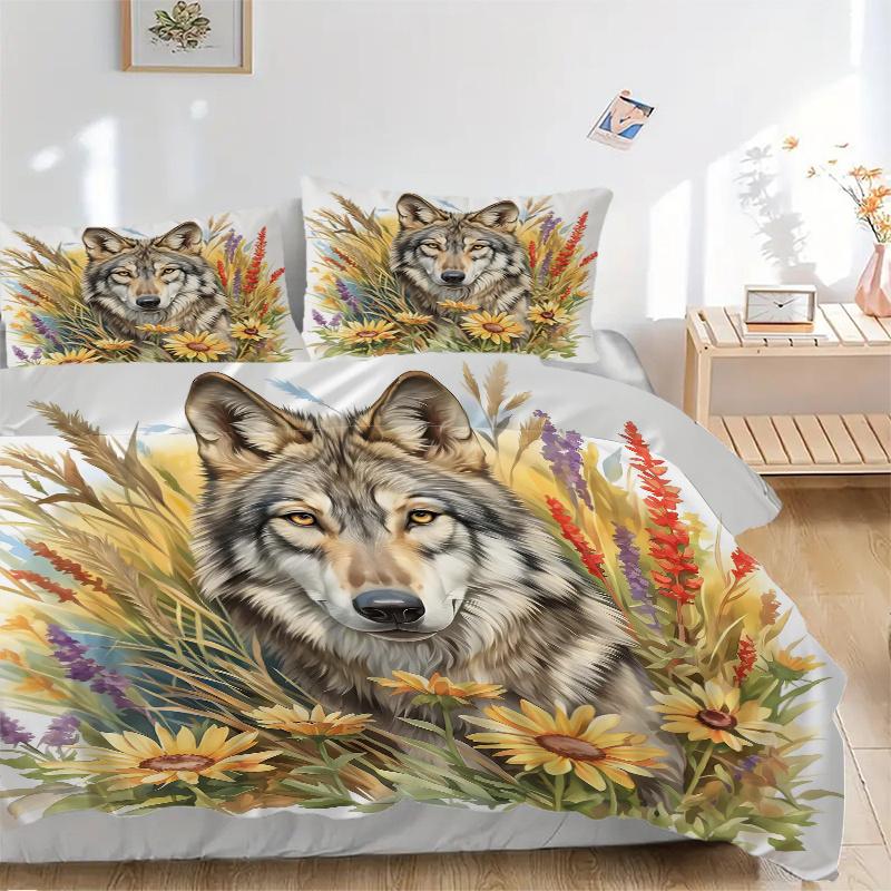 3pcs Wolf Amidst Sunflowers and Lavender Quilt Set - Soft and Comfortable Bedroom, Guest Room and Dorm Decor Bedding Set J097