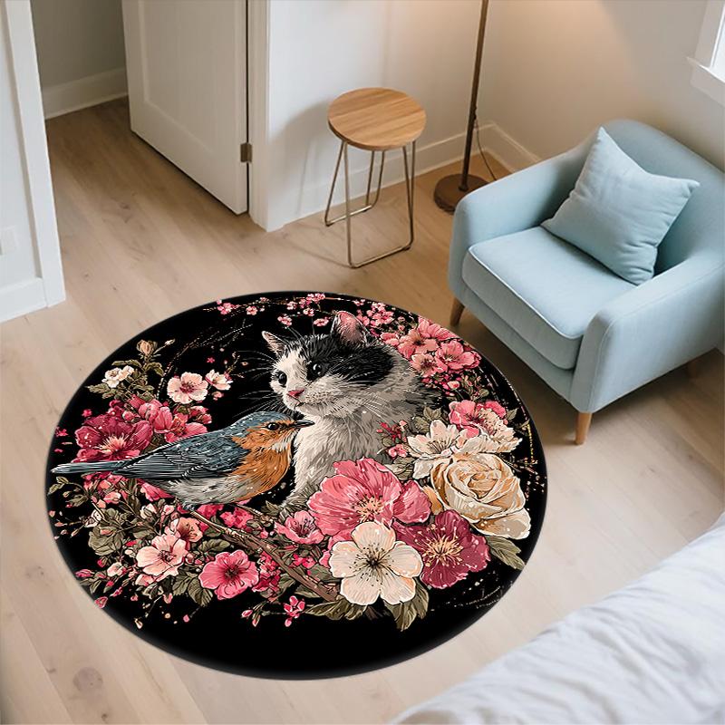 Floral Cat Round Area Rug,Carpet Rug for Living Room Bedroom Sofa Playroom Decor,Non-slip Floor Mat