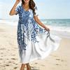 Women's Casual Loose Fit Bohemian Style Gradient Print Short Sleeve V Neck Midi Dress with Elastic Waist and Flowing Skirt for Everyday Wear