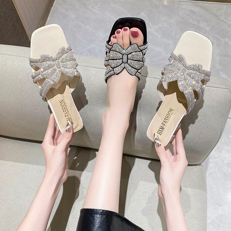 Water Diamond One Belt Cool Slippers for Women, Summer 2025 New Style, Square Head, Open Toe, Sexy High Heel Slippers for Women