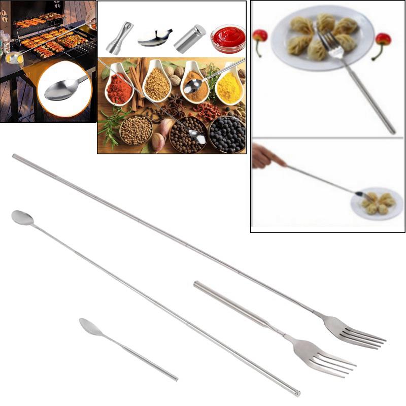 Food Fork Stainless Steel Sliver Telescopic Food Fork Long Cutlery Fork Extendable Dinner Fruit Dessert Fork Kitchen Tool