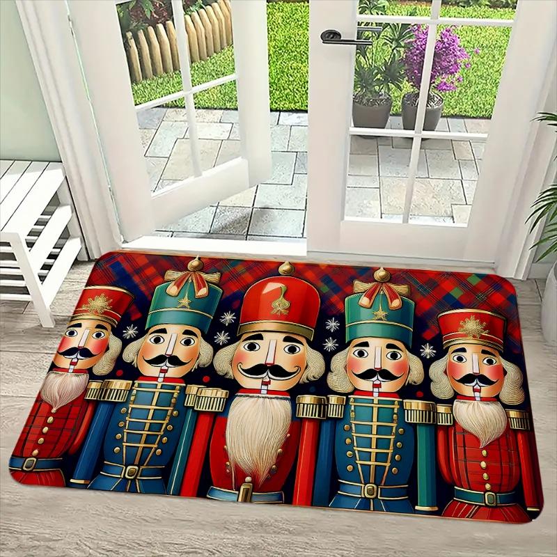 German Nutcracker Soldier Doormat Golden Trim Rug, Plush Machine Washable Small Door Carpet for Traditional Christmas Decor