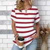 Women White Red Horizontal Stripe Print Short Sleeve V Neck Split Front Blouse