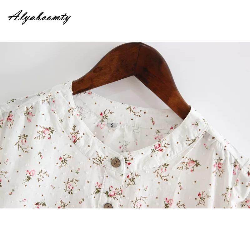 Japanese Mori Girl Summer Women White Sweet Top O Neck Floral Print Casual Loose Blouse Cotton Elegant Half SleeveLadies' Shirt